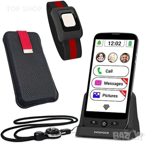 Нов SWISSVOICE S510-C Мобилен телефон за възрастни хора с докинг станция SOS Калъф