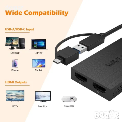 WAVLINK USB 3.0/USB C към двоен HDMI адаптер, двоен 1080P@60Hz с OTG/Thunderbolt 3/4, снимка 4 - Друга електроника - 47798192