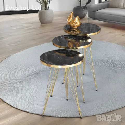 Комплект 3 маси за кафе, помощна масичка - черно/ златно, снимка 4 - Маси - 50157276