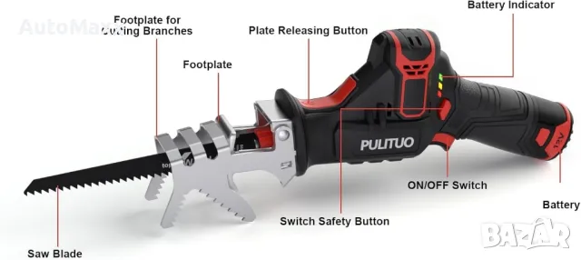 PULITUO 12V саблен трион с 2 x 2,0 Ah батерии,4х ножа променлива скорост от 0 до 2700 RPM, снимка 2 - Винтоверти - 49326021