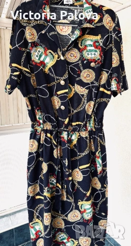 Дамска рокля-риза ARA от памучно трико (Jersey) със златни детайли и верижен принт, снимка 3 - Рокли - 54001911