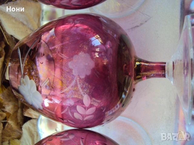 6 броя стари цветни стъклени чаши от калиево стъкло, снимка 4 - Чаши - 53636960