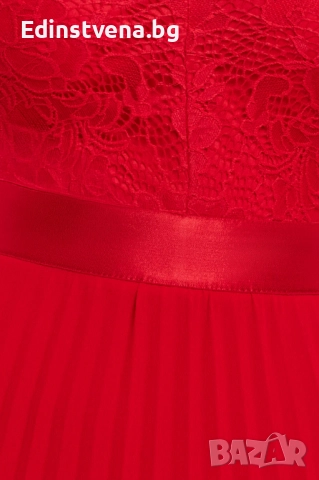 Дамска червена официална дълга рокля с дантела и плисе, снимка 4 - Рокли - 52391847