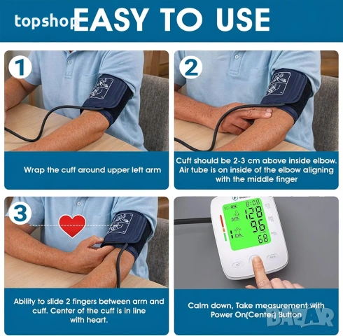 Нов автоматичен апарат за кръвно налягане ByFloProducts с цветен дисплей и маншет 22-42см  , снимка 7 - Други - 54096310