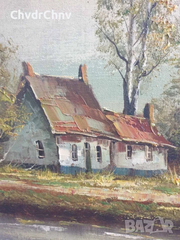 122х92см/стара голяма картина масло върху платно/пейзаж/къщи-кладенец/дървена рамка, снимка 3 - Картини - 51131307