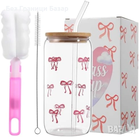 Нова Стъклена чаша 500мл с бамбуков капак, сламка и четки, панделка