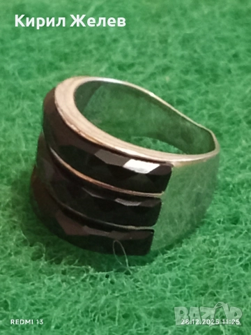 Сребърен пръстен с три реда фасетиран ЧЕРЕН ОНИКС подходящ аксесоар за ежедневието 34042, снимка 2 - Пръстени - 52918142