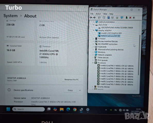 14' IPS Dell Vostro Core i7-8565U/16GB DDR4/NVIDIA MX130 2GB/256GB SSD/Бат.4ч., снимка 5 - Лаптопи за работа - 53878087
