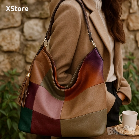 Универсална многоцветна дамска чанта хобо с пискюл, снимка 3 - Чанти - 52582683
