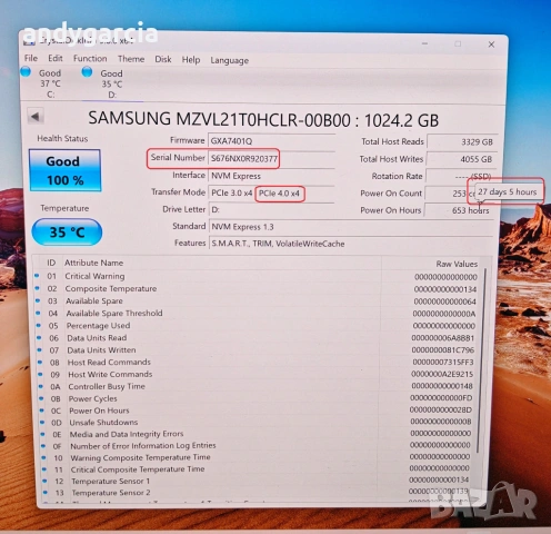  1024GB Samsung EVO 980 Pro OEM 1TB SSD NVMe 7000/5100mb read/write Samsung PM9A1 работил 27 дни , снимка 4 - Твърди дискове - 53902407