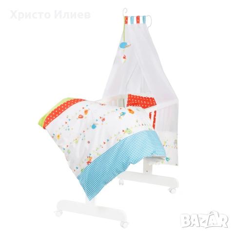 Легло за бебе Кошара Бяла люлка на колелца с балдахин матрак спален комплект 40x90 cm, снимка 2 - Кошарки - 53506841