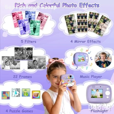 Нов Фотопринтер Фотоапарат за деца моментен печат 2.4 IPS 32GB идеален подарък дете, снимка 5 - Други - 54151155