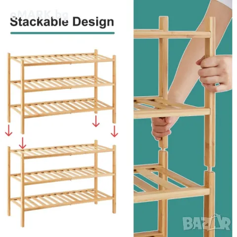 Стелаж за обувки от висококачествен бамбук с 3 рафта, снимка 3 - Етажерки - 49310903