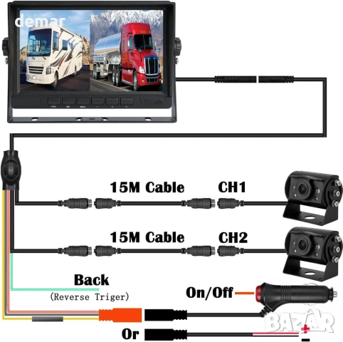 AHD 1080P камери за заден ход, 7-инчов монитор с 2 разделени екрана, 12V-24V, снимка 8 - Аксесоари и консумативи - 53826025