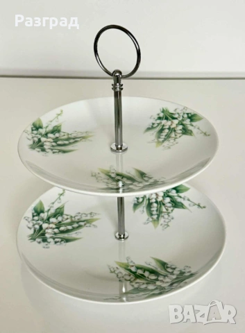 Двуетажна порцеланова поставка с декор момини сълзи, снимка 3 - Прибори за хранене, готвене и сервиране - 53018608