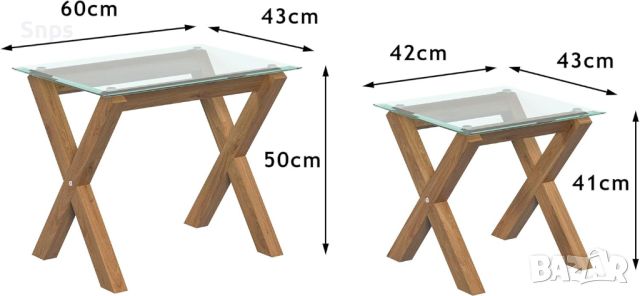 Комплект маси от Дъбово дърво и закалено стъкло 60 x 43 x 44,8/42 x 43 x 36 см, снимка 2 - Маси - 46608207