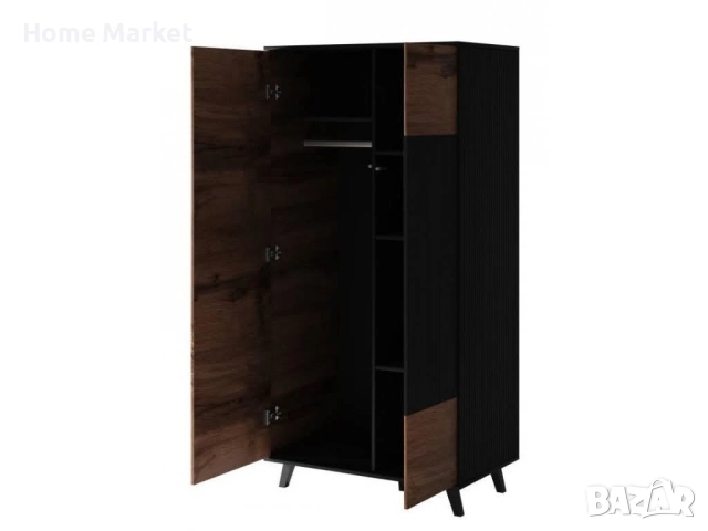 Гардероб RANDOM S-1 двукрил дъб вотан/черно  Материал - фурнирован МДФ/фурнирована мебелна плоскост/, снимка 3 - Гардероби - 51620263