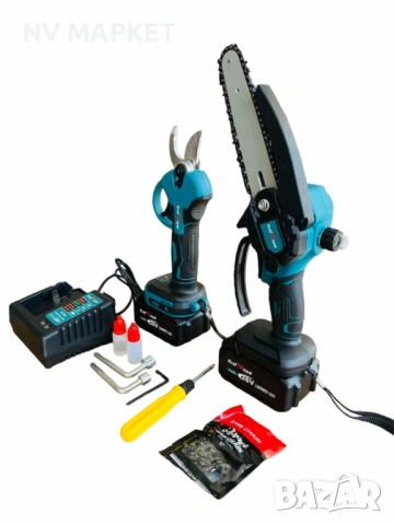 Комплект 2в1 акумулаторна безчеткова лозарска ножица и резачка-трион за клони 15 см. с маслен филтър, снимка 3 - Градинска техника - 53843183