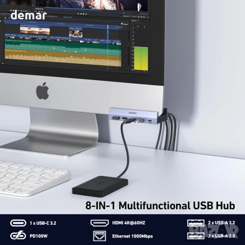 BENFEI 8-в-1 USB C хъб със сигурна скоба – 4K/60Hz HDMI, 2 x USB-A 3.2, снимка 2 - Кабели и адаптери - 51171175