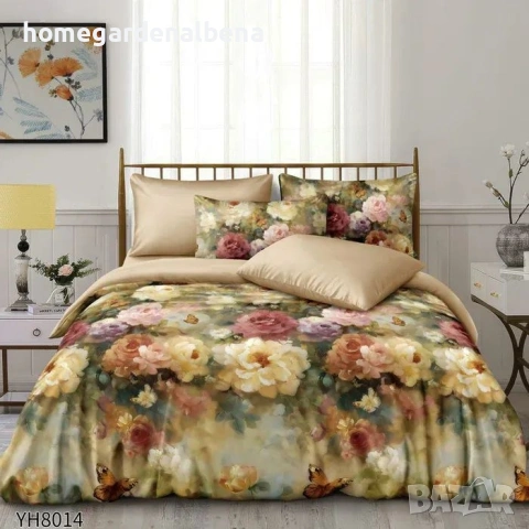 Луксозно спално бельо памучен сатен флорални десени 4 части двоен комплект с ластик