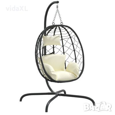 vidaXL Висящ стол яйце с възглавница, кремавобял, полиратан и стомана（SKU:360046, снимка 1