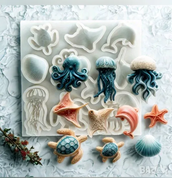 морски животни медуза октопод делфин костенурка морска звезда мида силиконов молд форма фондан гипс, снимка 1