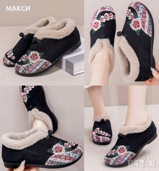 Зимни ежедневни обувки в черно с бродирани красиви цветя- топли, леки и много удобни, снимка 1