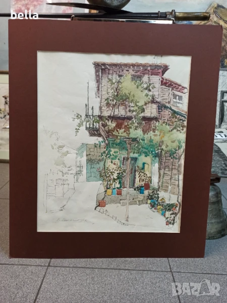 Стар  акварел с паспарту ,смесена техника на Владимир Мански, снимка 1