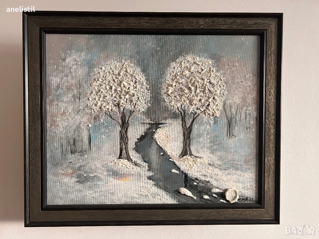 🎨 ОРИГИНАЛНА АВТОРСКА КАРТИНА  „Зимна тишина“ | 30 x 40 см | Релефна живопис, снимка 1