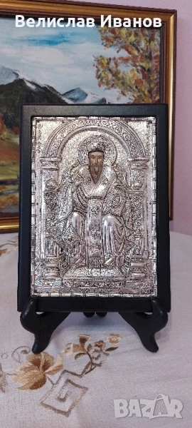 Гръцка сребърна икона на св.Спиридон. Проба 950. Перфектно състояние., снимка 1