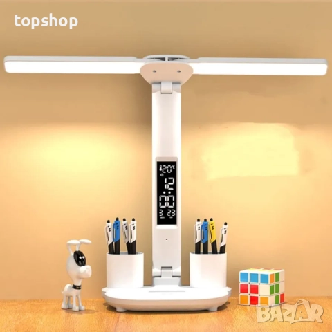 Чисто нова KISUFU Двойна LED настолна лампа с часовник и температурен дисплей, 3 цветни температури