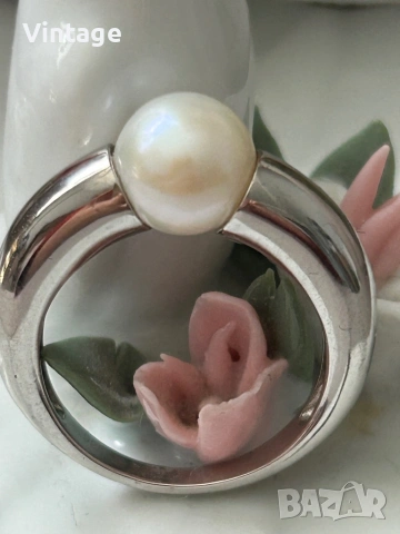 Уникален стилен дизайнерски сребърен пръстен с естествена перла , снимка 2 - Пръстени - 54097086