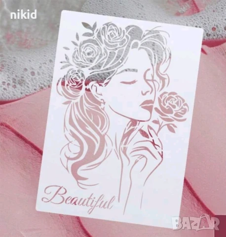 Момиче с роза жена Beautiful шаблон стенсил спрей за торта украса стена scrapbooking, снимка 6 - Други - 51267604