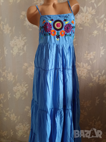 Индийска дълга памучна рокля на волани с бродерия L, снимка 1 - Рокли - 44955002