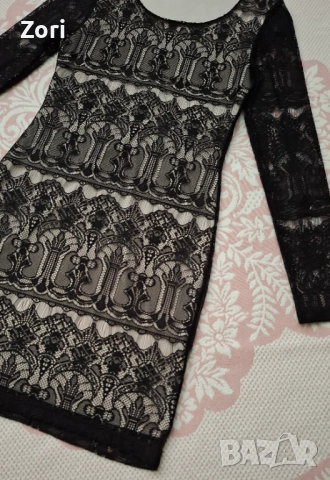 КРАСИВА черна дантелена рокля с бежова подплата по тялото, снимка 2 - Рокли - 52585800