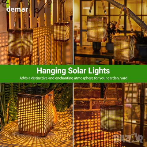 KOOPER 2 броя метален соларен външен градински фенер, с 2 режима на осветление и конопено въже, снимка 7 - Соларни лампи - 45526404