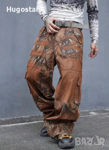 Нови baggy Casual Loose Fit Jeans дънки панталони карго кафяви камуфлажни джобове размер 32 /М, снимка 3 - Дънки - 53232825