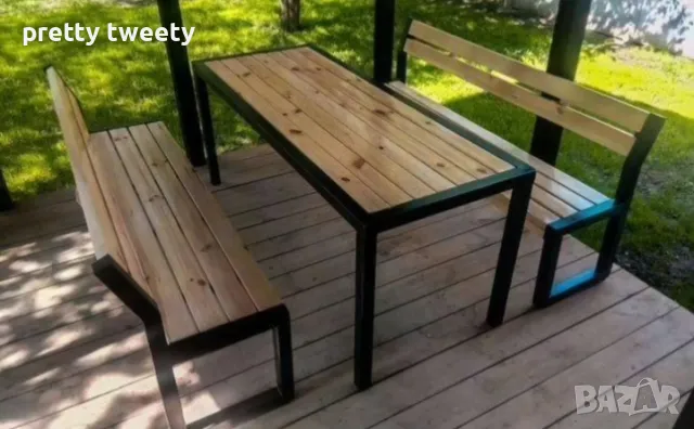Градински комплект от метал и дърво - маса с две пейки, снимка 4 - Градински мебели, декорация  - 49684646