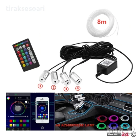 Интериорно LED амбиентно осветление за автомобил с дистанционно и приложение, модел 28955, RGB, 8 м, снимка 2 - Аксесоари и консумативи - 50898748