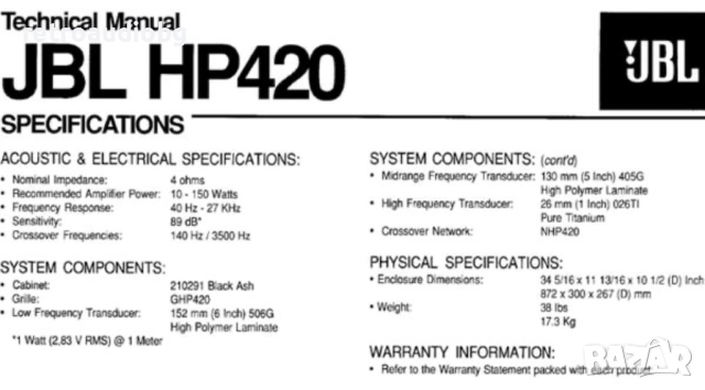 🔊Висококачествени трилентови подови тонколони JBL HP 420 - 150W - 4 ома🔊, снимка 9 - Тонколони - 52020410