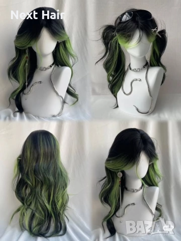Синтетична черна чуплива перука с лимонено-жълто-зелени краища, снимка 4 - Аксесоари за коса - 52897709