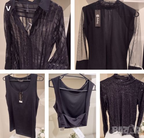 ЛОТ 5 дамски черни топа черна блуза с мрежа риза с пайети потник кроп топ с гол гръб Amisu 