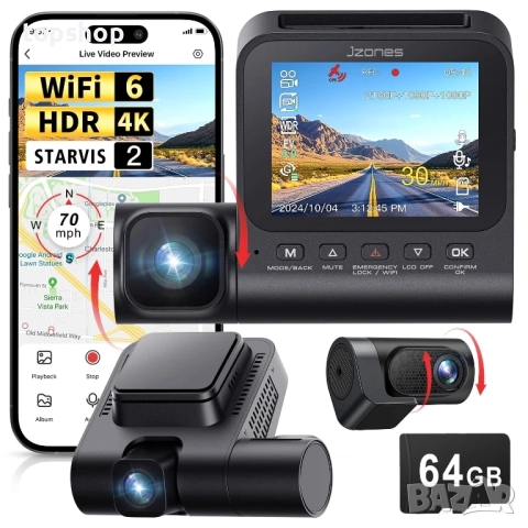 3-канален 4K видеорегистратор Jzones STARVIS 2 HDR с нощно виждане, 4K+1080P+1080P предна...