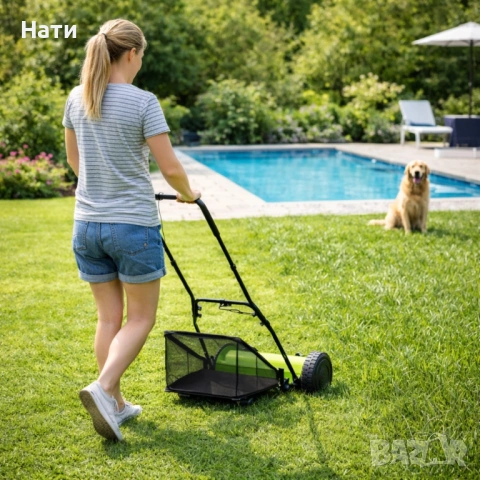 Ръчна косачка за трева с кош 40 см (16"), 5 остриета, регулируема височина 17–33 мм – Тиха, екологич, снимка 9 - Градинска техника - 54023536