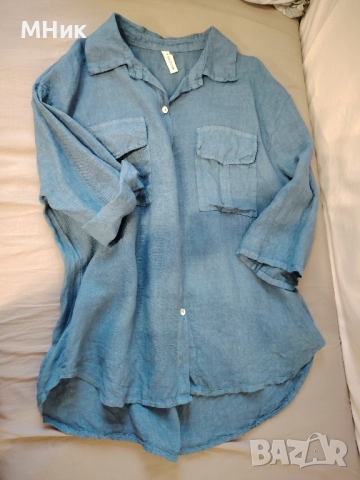 Дамска риза, лен, тъмно синя, снимка 2 - Тениски - 51514399