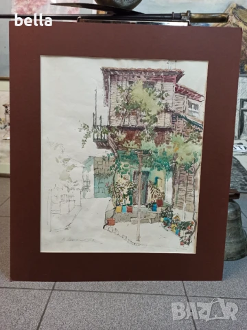 Стар  акварел с паспарту ,смесена техника на Владимир Мански