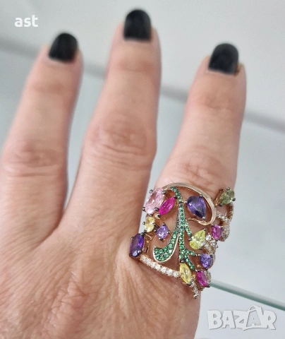 Сребърен пръстен с разноцветни камъни, снимка 8 - Пръстени - 53914009