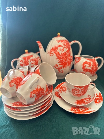 Пълен руски сервиз “Перо на Жар птица” с десертни чинии на ЛФЗ “Ломоносов”