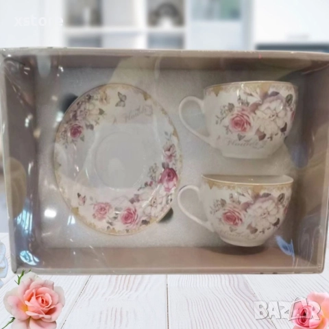 Подаръчен комплект от 2 броя порцеланови чаши за кафе 250ML с 2 чинийки, снимка 7 - Чаши - 52712606