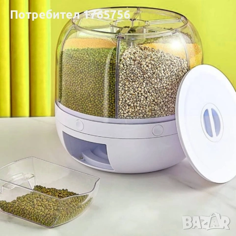 Диспенсър за зърнени храни, 6 отделения\7.5л., въртяща основа, Бял, снимка 3 - Аксесоари за кухня - 53114135